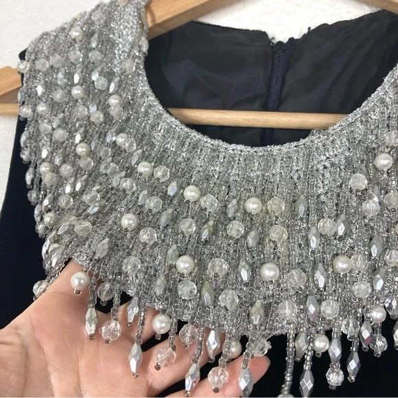 Joseph Magnin Vintage 70s Dress M velvet Embellished Black Silver stones Glam - Picture 5 of 16